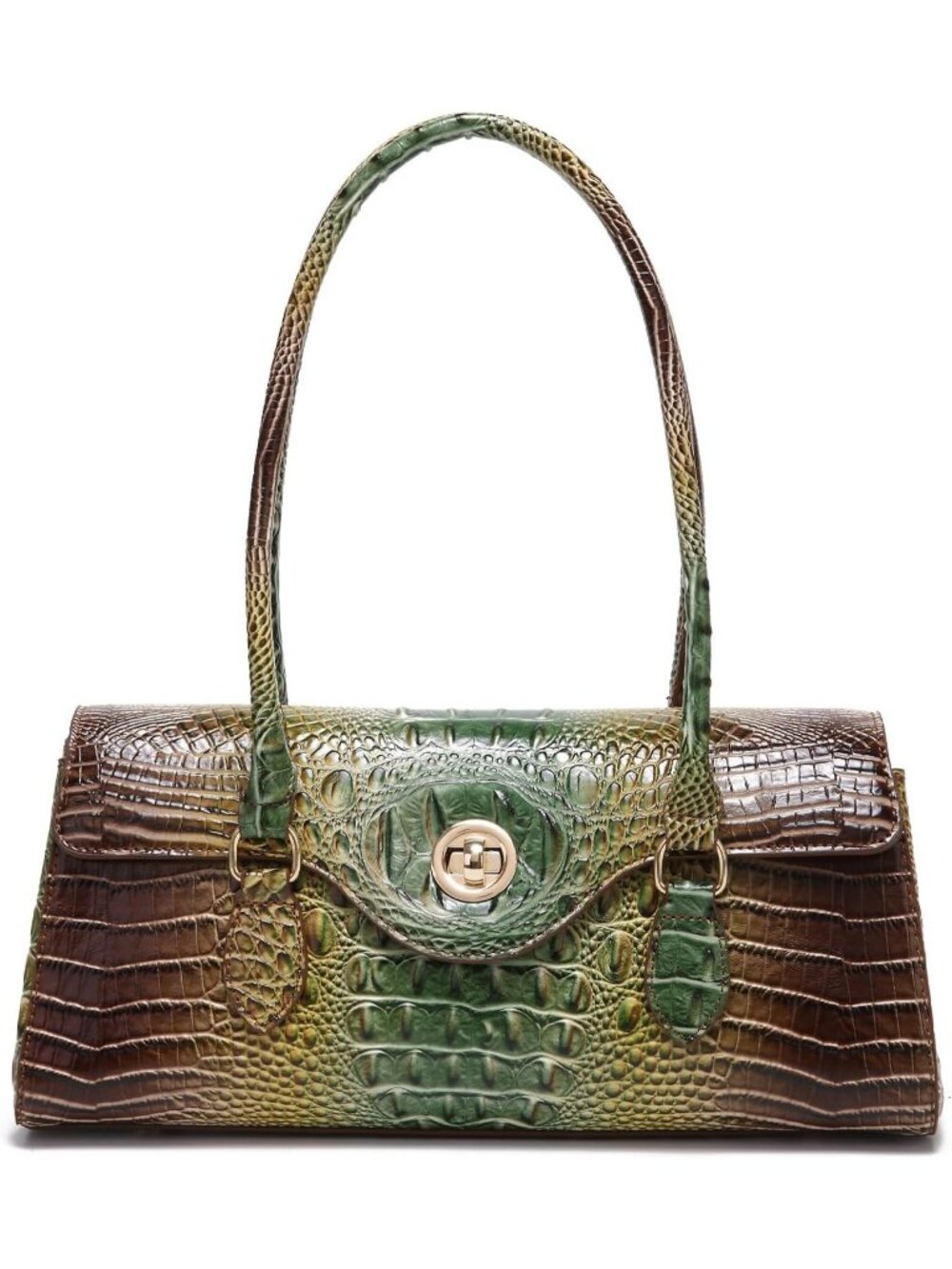 Women's Green Brown Leather Crocodile Pattern Handle Handbag Satchel Tote Purse